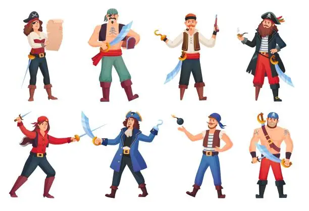 Vector illustration of Corsairs characters. Cartoon pirates character, people in pirate costume corsair captain with hook hand sea rover happy sailors or buccaneer man pirat ingenious vector illustration