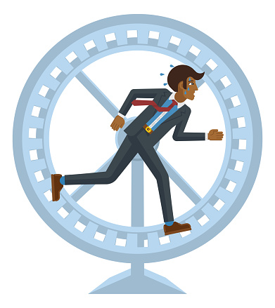 A stressed and tired looking businessman running as fast as he can in a hamster wheel to keep up with his workload or compete. Business concept illustration in flat modern cartoon style