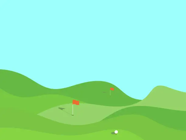 Vector illustration of Golf field. Wavy green meadow in a minimalist style. Golf course with holes and red flags. Landscape with green field. Design for advertising products, banners and posters. Vector illustration