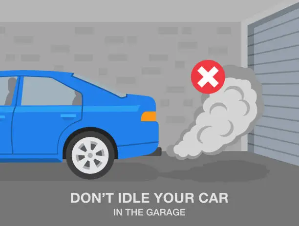 Vector illustration of Safe driving tips and rules. Do not idle your car in the garage. Close-up of blue car in garage with closed gate.