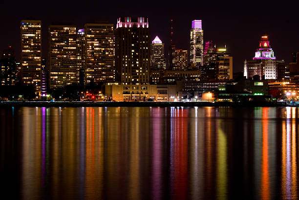 A view of the Philadelphia skyline from the Delaware river at night
