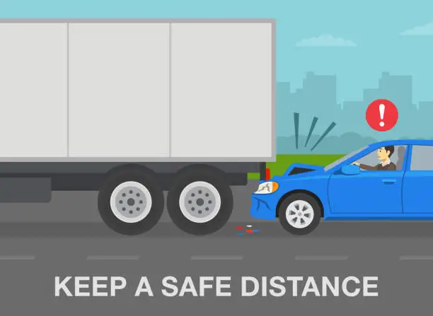 Vector illustration of Safe driving rules and tips. Blue sedan car and truck trailer accident. Keep a safe distance on roads.
