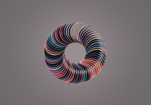 Digitally generated image abstract multicoloured curved shapes on grey background.