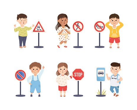 Little Boy and Girl Pedestrian Learning Road Sign and Traffic Rule Vector Set. Cute Kid Paying Attention to Urban Regulation Engaged in Safety Lesson Concept