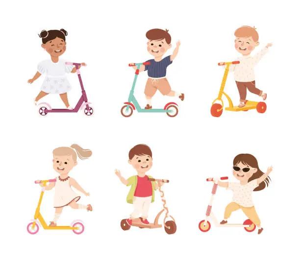 Vector illustration of Smiling Children Riding on Kick Scooter Pushing Off the Ground Vector Set