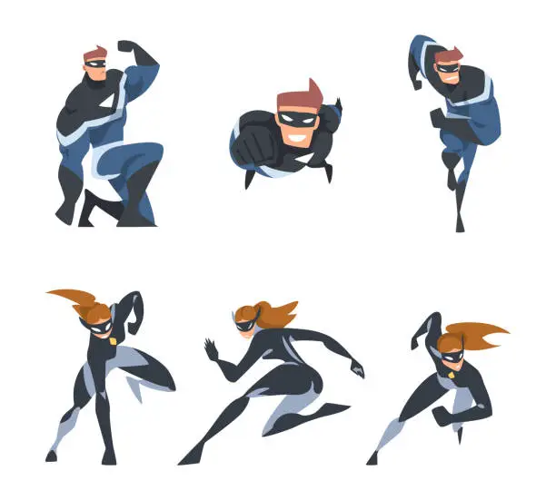 Vector illustration of Man and Woman Superhero Character Dressed Black and Blue Costume and Mask in Action Vector Set