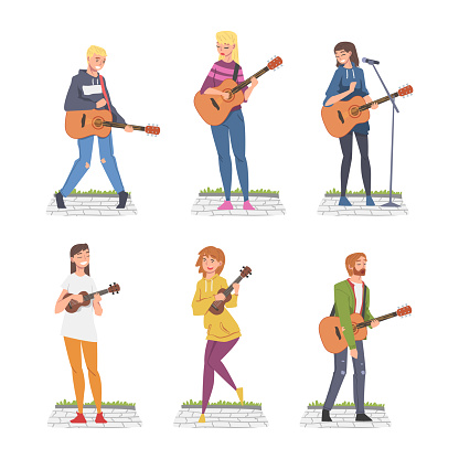 Young Man and Woman Musician Guitarist Character Playing Guitar and Singing Performing Street Concert Vector Set. Male and Female with Musical String Instrument Showing Acoustic Performance