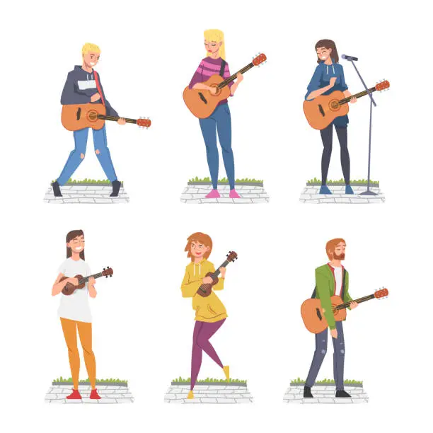 Vector illustration of Young Man and Woman Musician Guitarist Character Playing Guitar and Singing Performing Street Concert Vector Set