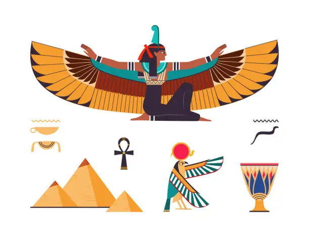 Vector illustration of Ancient Egyptian Symbol with Isis Goddess, Horus God, Ankh, Vase and Pyramid Vector Set