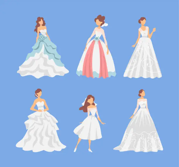 Vector illustration of Bride in White Wedding Dress Standing as Newlywed or Just Married Female on Blue Background Vector Set