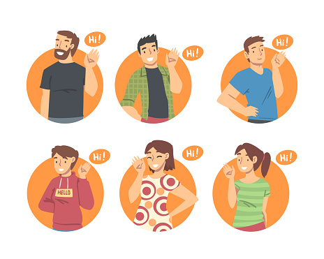 Human Say Hello People Characters Saying Hello And Showing Hand Greeting Gesture Vector ...