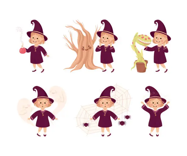 Vector illustration of Little Girl Witch Wearing Purple Dress and Pointed Hat Vector Set