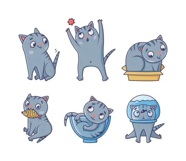 Vector illustration of Funny Blue Cat with Striped Tail Sitting Engaged in Different Activity Vector Set