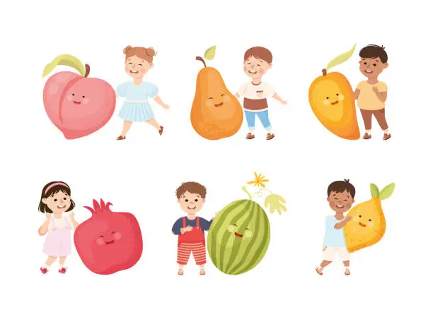 Vector illustration of Happy Kids Having Fun with Big Fruit with Cheerful Faces Vector Set