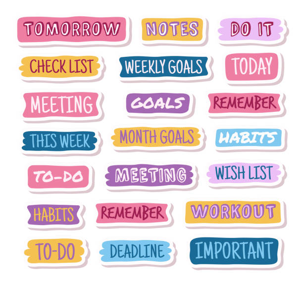 Diary sticker set. Important notes and to do list. Goals and meeting labels. Cute pink marks for memo. Girly notebook emblems. Planner and timetable isolated element. Agenda vector illustration Diary sticker set. Important notes and to do list. Goals and meeting labels. Cute pink marks for memo. Girly notebook emblems. Planner and timetable isolated element. School agenda vector illustration kid stickers stock illustrations