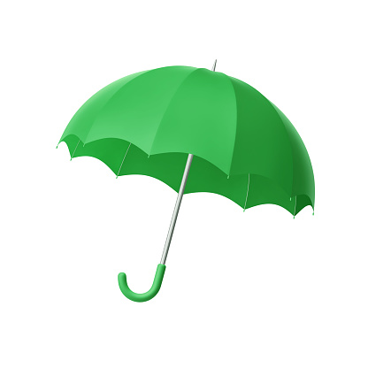 Green umbrella isolated on white. 3D rendering with clipping path