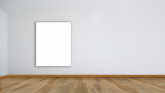 Blank white paper posters hang on white walls in empty modern room with copy space. template for content. Good use for your preview