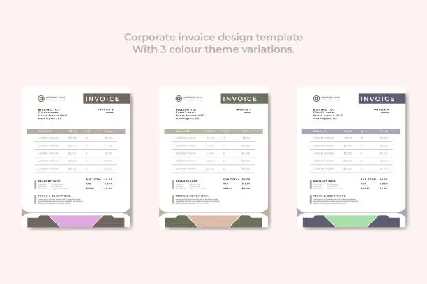 Vector illustration of Corporate invoice design template with 3 color theme variations.