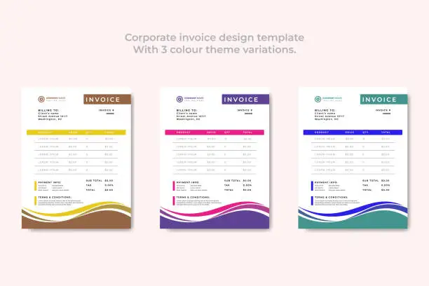 Vector illustration of Corporate invoice design template with 3 color theme variations.