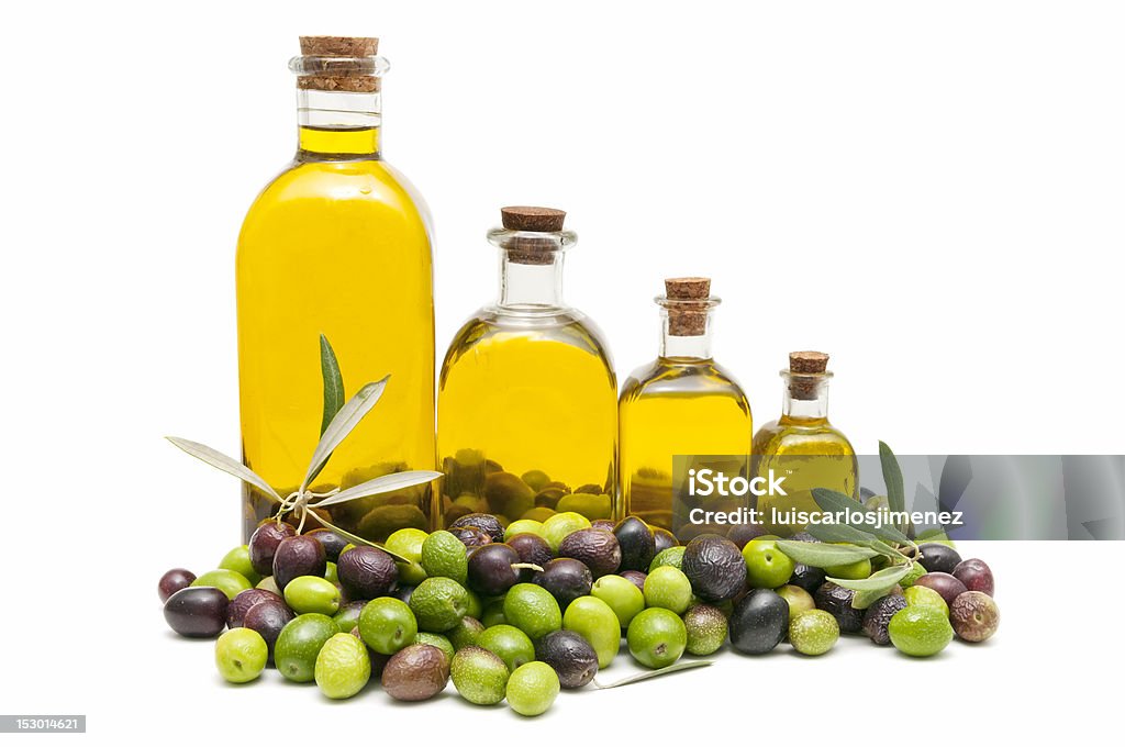 natural olive oil ecological olives and olive oil on white background Cooking Oil Stock Photo