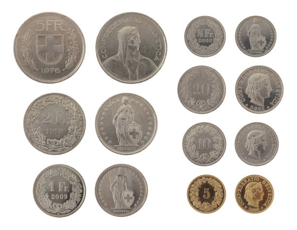 швейцарский монеты изолированные на белом - swiss coin swiss currency currency switzerland imagens e fotografias de stock