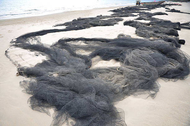istock Long black fishing net on beach 153014845