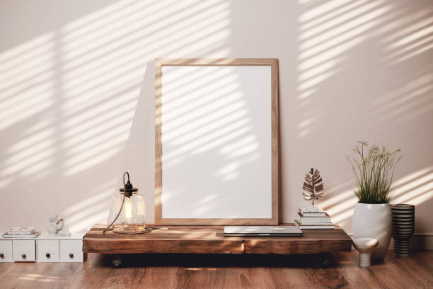 istock Picture frame on wooden cart mockup. 3D rendering 1530149417