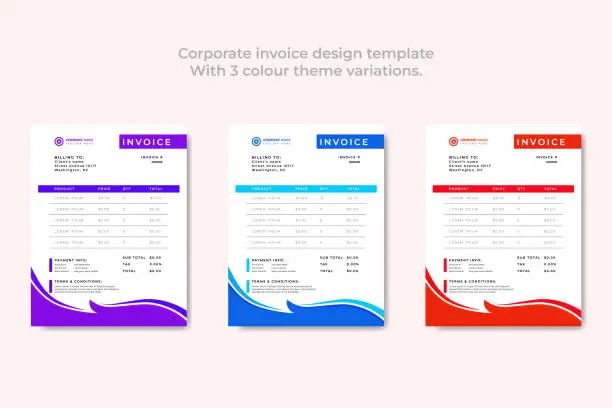Vector illustration of Corporate invoice design template with 3 color theme variations.