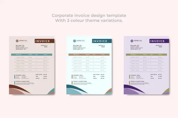 Vector illustration of Corporate invoice design template with 3 color theme variations.