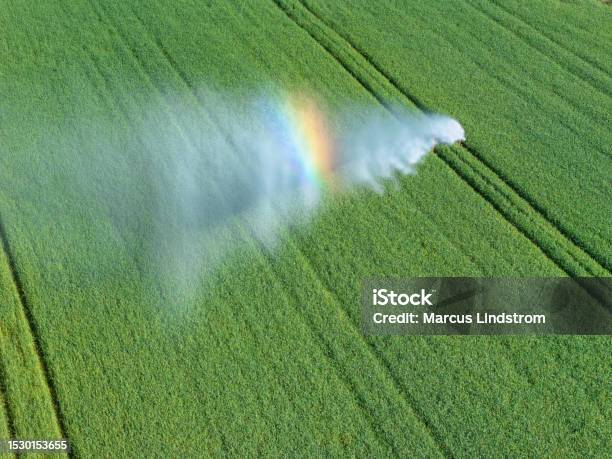 Irrigation Of A Field In Sunlight Stock Photo - Download Image Now - Agriculture, Water Vapor, Aerial View