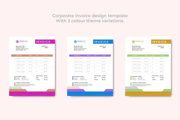 Vector illustration of Corporate invoice design template with 3 color theme variations.