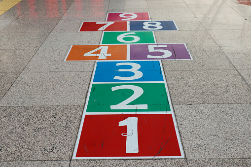 Colorful painted hopscotch game on the floor