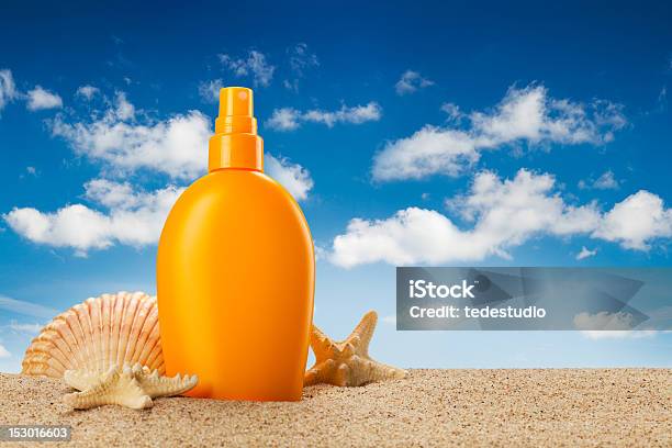 Summer Holiday Suntan Oil On Beach Stock Photo - Download Image Now - Backgrounds, Beach, Beauty Product