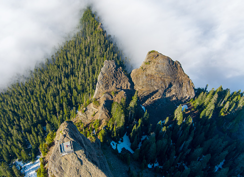 Drone photography of High Rock Lookout in Ashford, WA in June 2023