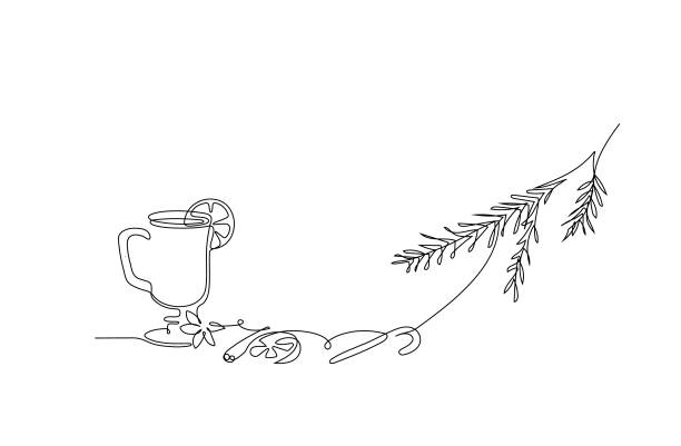 eine strichzeichnung eines weihnachtlichen glühweins mit gewürzen und früchten. minimalistische vektorillustration - glühwein stock-grafiken, -clipart, -cartoons und -symbole