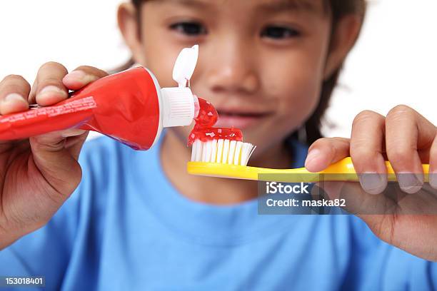 Tooth Paste And Toothbrush Stock Photo - Download Image Now - Toothpaste, Child, Squeezing