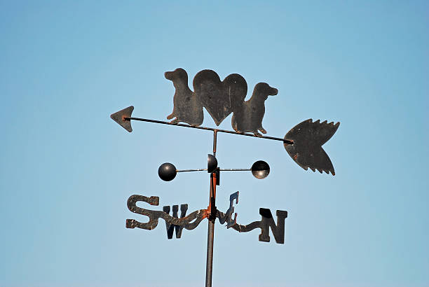 Two Dachshund dogs decorate a rusty old weathervane that stands out sharply against clear blue sky; includes anemometer, wind velocity device.