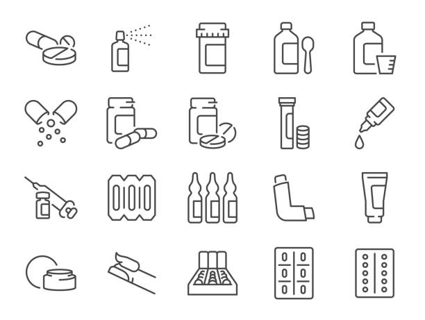 ilustrações, clipart, desenhos animados e ícones de conjunto de ícones de farmácia. incluía remédios, medicamentos, comprimidos, cura e mais ícones. traçado vetorial editável. - symbol healthcare and medicine prescription icon set