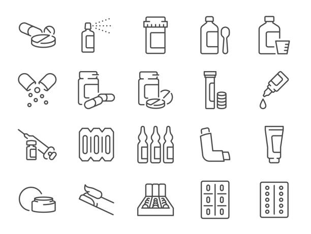 Pharmacy icon set. It included medicine, drug, pills, tablet, cure, and more icons. Editable Vector Stroke. Pharmacy icon set. It included medicine, drug, pills, tablet, cure, and more icons. Editable Vector Stroke. pill bottle stock illustrations