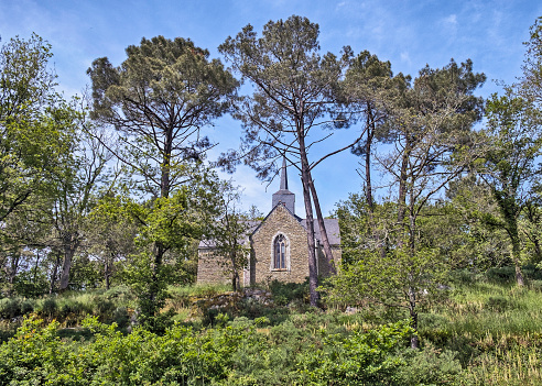 View of a church in Rochefort-en-Terre, Brittany, France.
