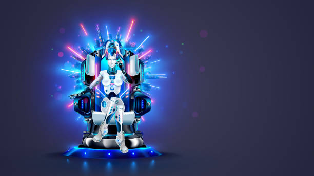 istock AI or artificial intelligence in image female cyborg queen. Robot woman majestic sitting on throne in neon glow. Sci-fi illustration of artificial intelligence computer neural network. AI rules world. 1530255975