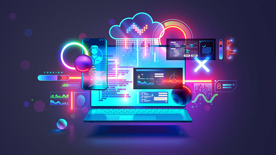 Software Development Concept Laptop With Open Screen Hanging Over Desk ...