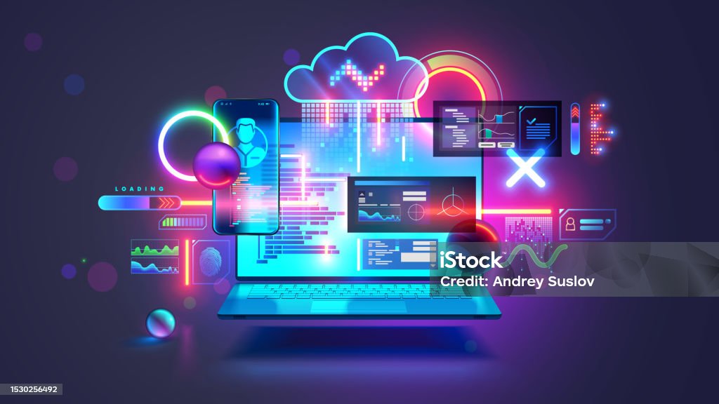 Software Development Concept Laptop With Open Screen Hanging Over Desk ...
