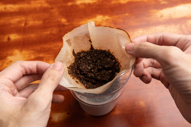 Used coffee ground left in a coffee dripper
