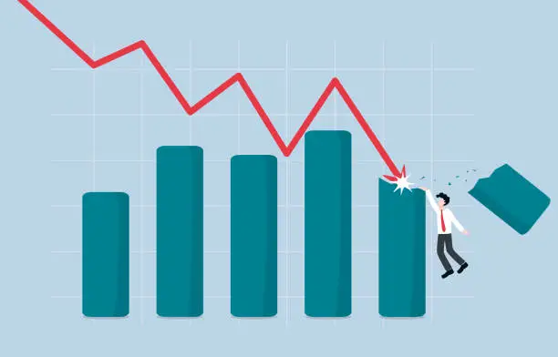 Vector illustration of Economic recession affect earning of company, financial crisis and business interruption concept, Businessman hanging on edge of broken bar graph to survive after falling graph attack.