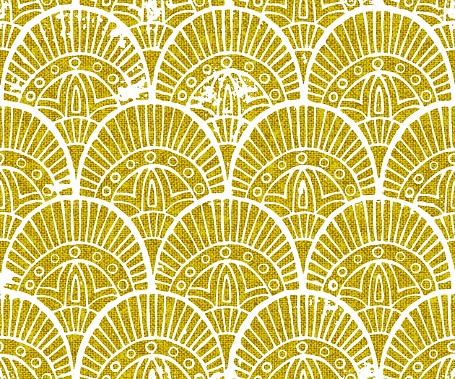 seamless golden seigaiha pattern, ornament in the style of linocut, ethnic and tribal motifs, grunge texture, vector illustration