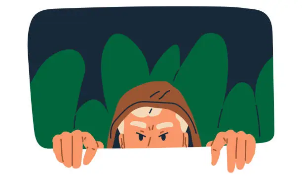 Vector illustration of Man spying, peeping from shrub. Person hiding behind bush, sneaking, watching, detective or observer