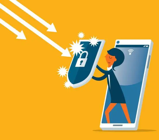 Vector illustration of Businesswoman out from a smart phone with a shield