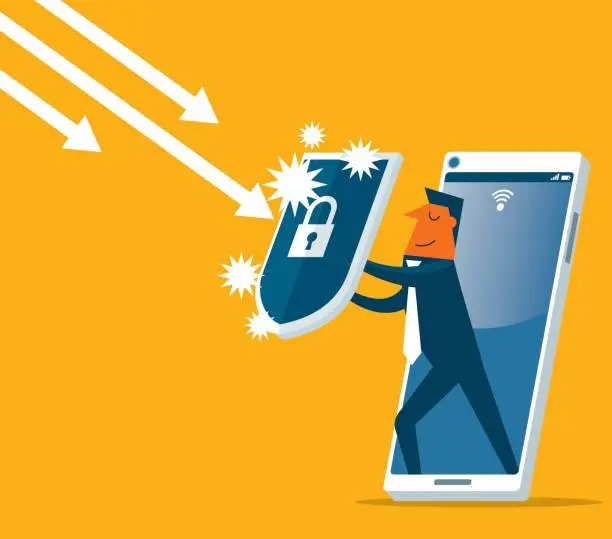 Vector illustration of Businessman out from a smart phone with a shield