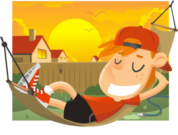 Vector illustration of Boy relaxing in a Hammock during Sunny Day